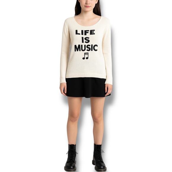 Hot Topic Life Is Music Sweater Cream Black Crisscross Open Back Size Small - Picture 1 of 8